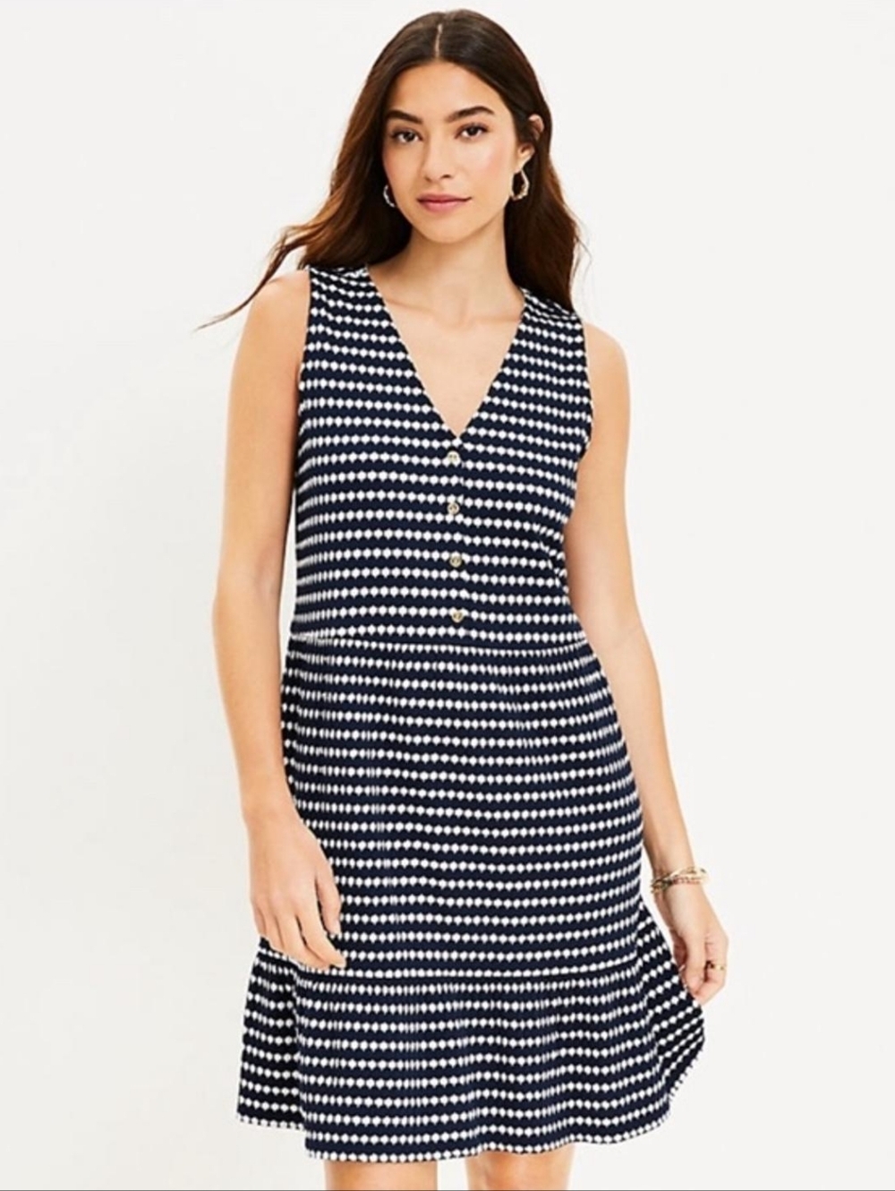 LOFT Navy & White Textured Striped V-Neck Sleeveless Mini Dress Size M